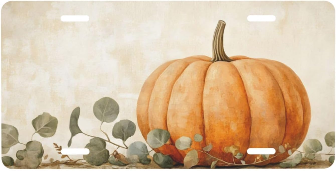 Front License Plate Thanksgiving Pumpkin Vintage Car Decor Accessory Aluminum Metal Decorative Car Plate Funny Novelty Vanity Tag with 4 Holes for