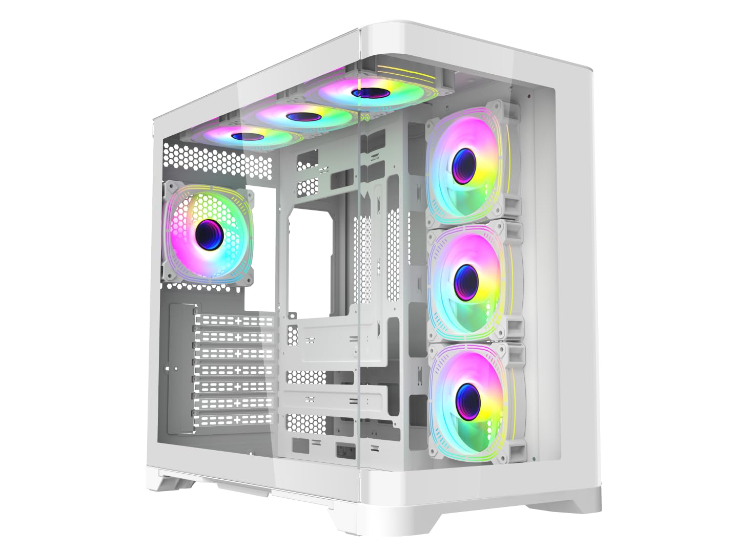 iONZ Estuche para juegos de PC ATX Mid Tower - Serie dinámica de doble cámara con 4 ventiladores ARGB PWM | Vidrio templado curvado | Flujo - Blanco