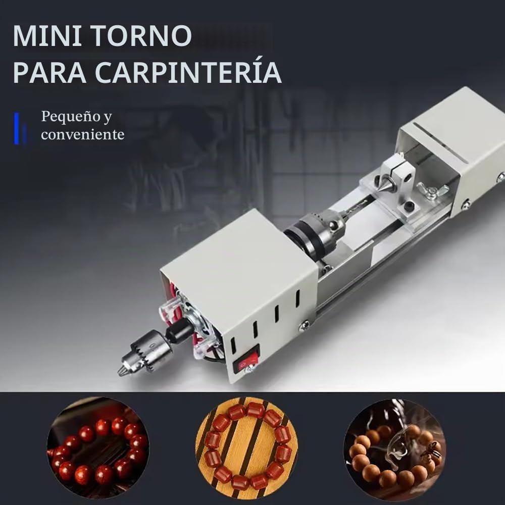 Mini Torno de 24V Pequeño Torno de Metal con Ajuste de 7 Marchas, 4000–8000 RPM, Rango de Sujeción de 0.6–6.5MM, con uego de Herramientas Rotativas,para Tornear, Rectificar, Pulir, Taladrar y Tallar