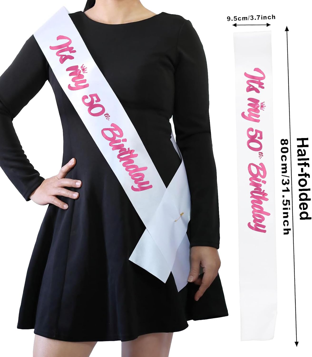 ‘It's My 50th Birthday' Sash White with Foil Pink Letters-50th Birthday Sash for Women-1 Count--3.74" W x 31.5" L - Female-Party Favors Supplies