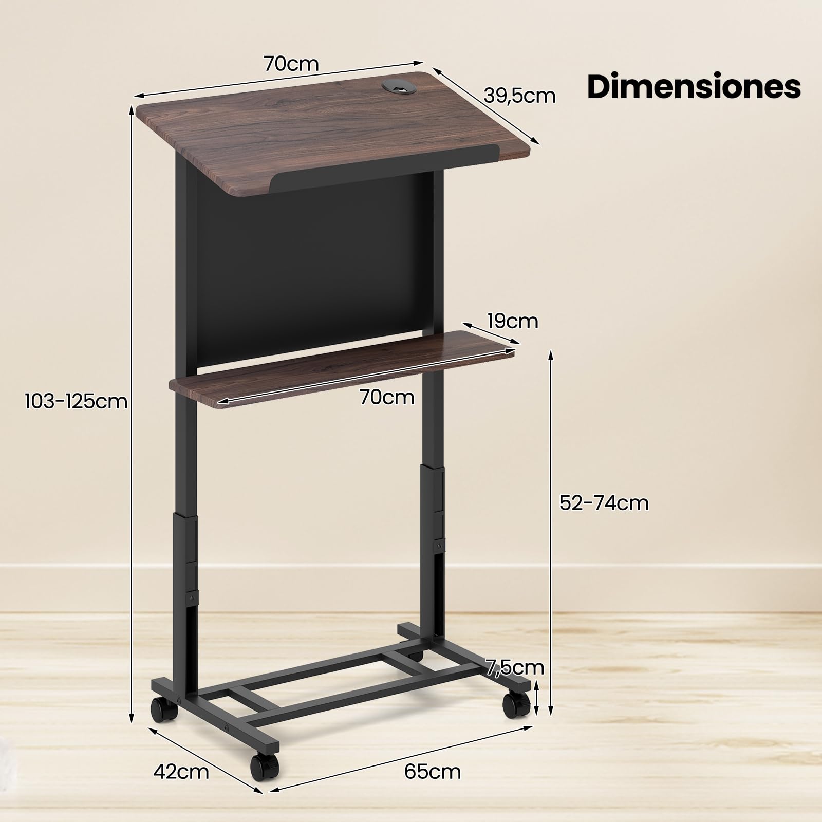GIANTEX Atril de Conferencia con Altura Ajustable 103-125 cm, Soporte para Ordenador Portátil con 4 Ruedas y Mesa Inclinable, Mesa de Ordenador 70 x 42 cm con Estante, para Aula, Iglesia, Conferencia