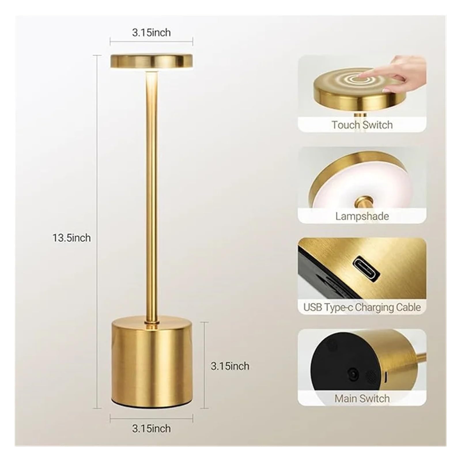 Lámpara de mesa LED Sensor táctil Luz nocturna USB | Dormitorio portátil recargable lectura inalámbrica restaurante hotel bar(Black)