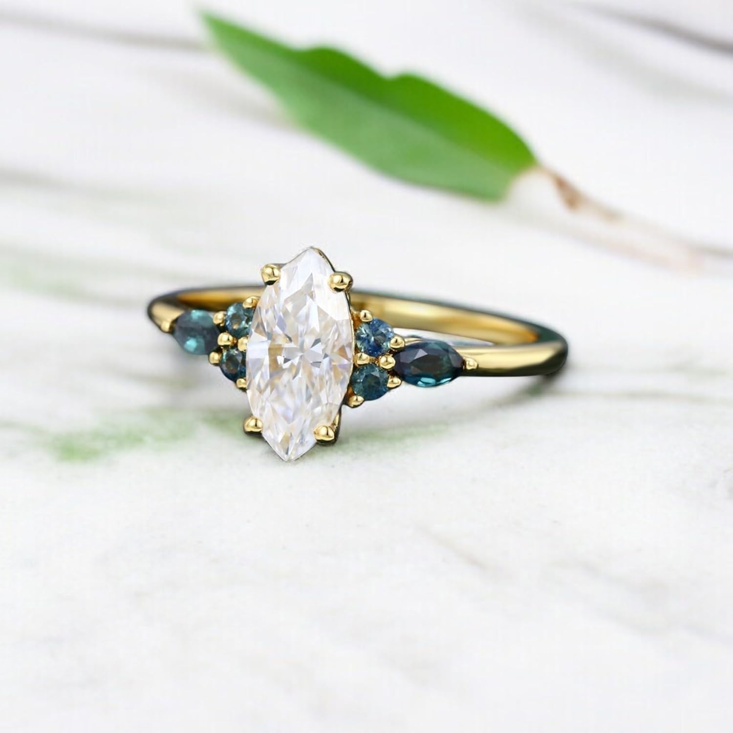 Moissanite Ring Marquise CUt Moissanite Engagement Ring 14K Yellow Gold Plated Emerald Cluster Ring Handmade Jewelry Gift
