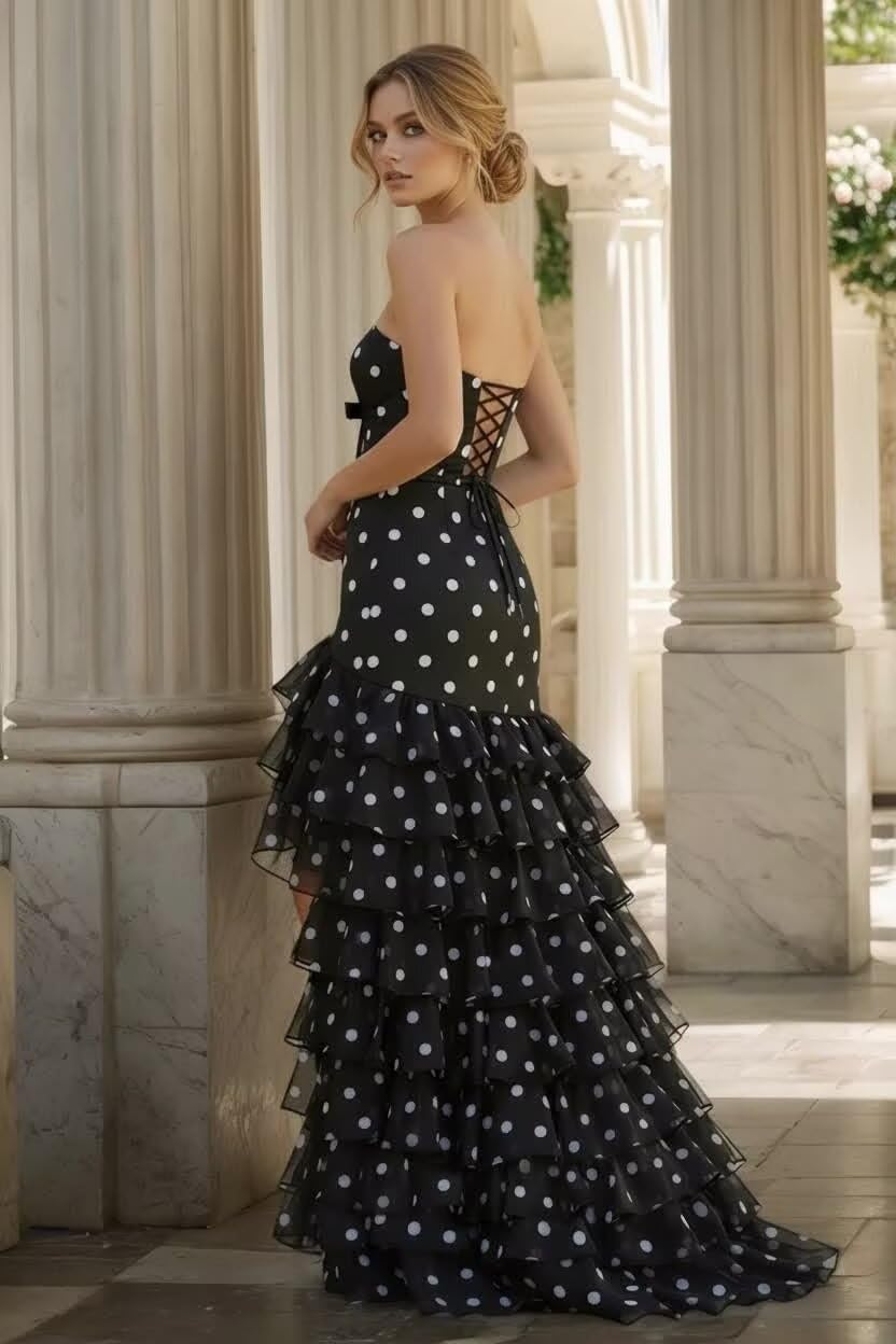 Tiered Polka Dot Prom Dresses 2026 Strapless Corset Vintage Formal Evening Party Gown for Women with Slit - Image 4