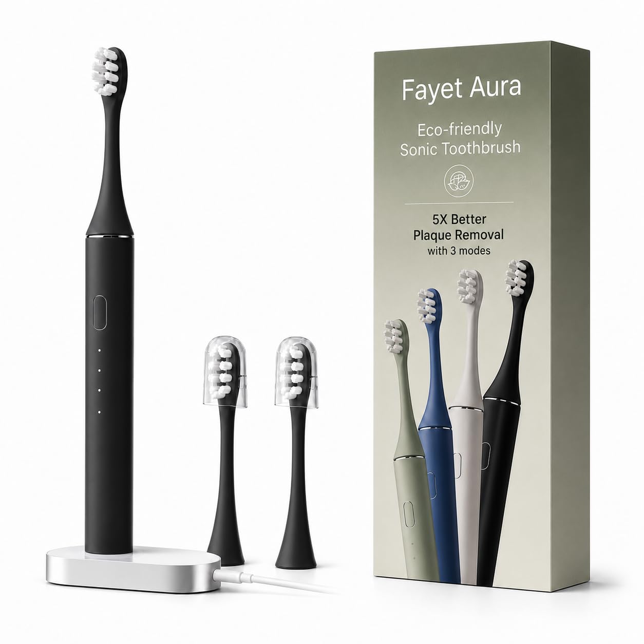 Fayet Aura Sonic - Cepillo de dientes eléctrico con cabezales de cepillo a base de plantas y estuche de viaje UV, diseño de aluminio, batería de larga duración, limpieza sónica recargable (negro