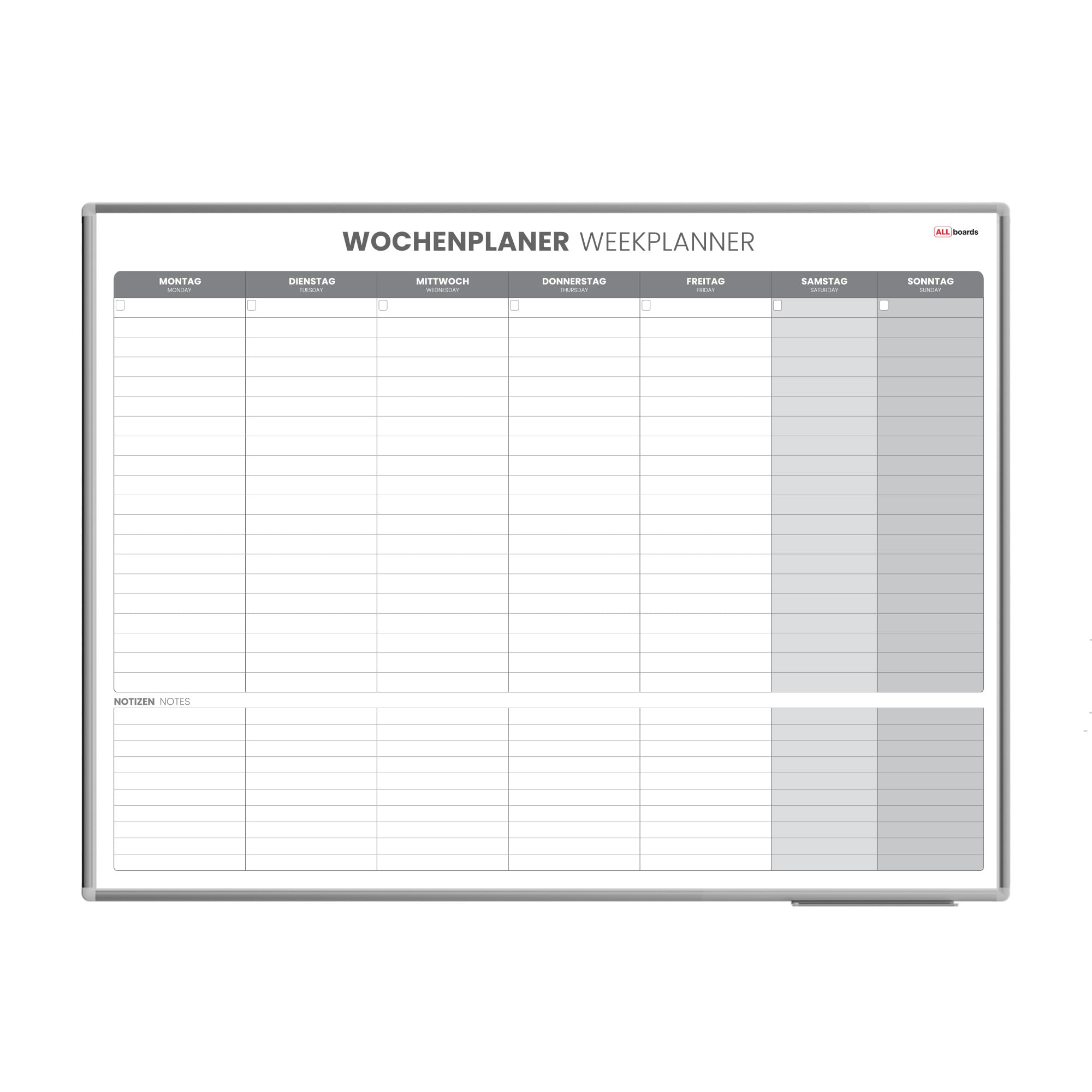 ALLboards Magnetischer Wochenplaner 120x90cm für Wochensplanungen, einfach zu beschreiben Wochenplaner Wandkalender Memoboard Magnettafel auf Deutsch