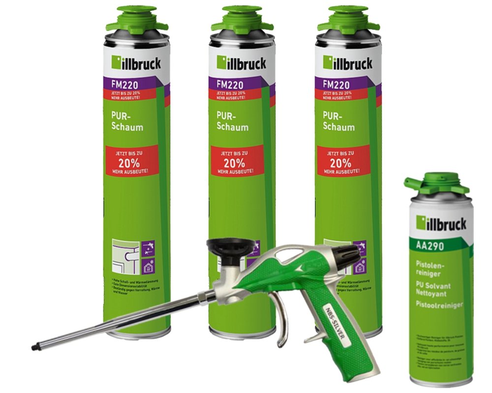illbruck FM220 - Juego de 3 botes de espuma de poliuretano (750 ml, limpiador AA290, pistola de espuma AA270 Pro)