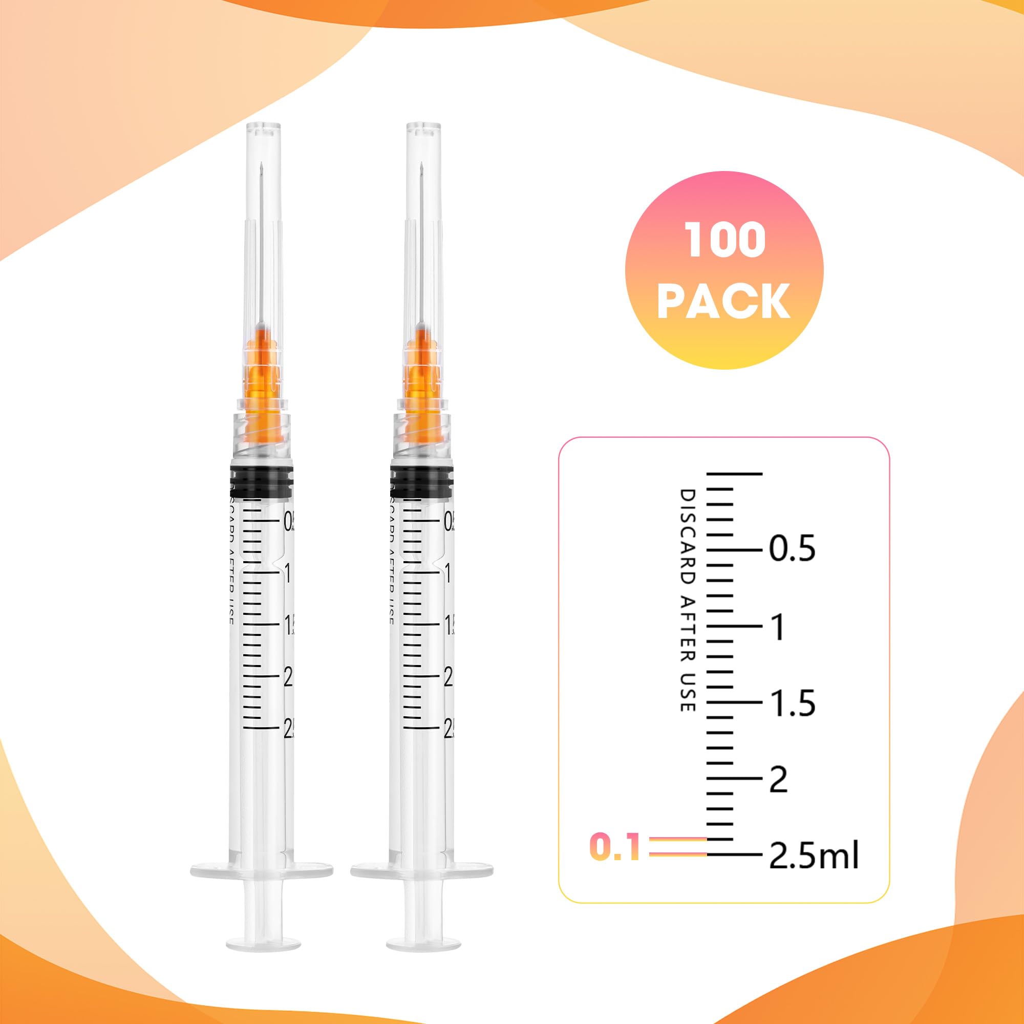 100 Pack 2.5ml Syringes with Needle - 25G 1 inch Disposable 2.5cc Luer Lock Syringe for Scientific Lab Use, Sterile Individually Wrapped — Amazon image 3