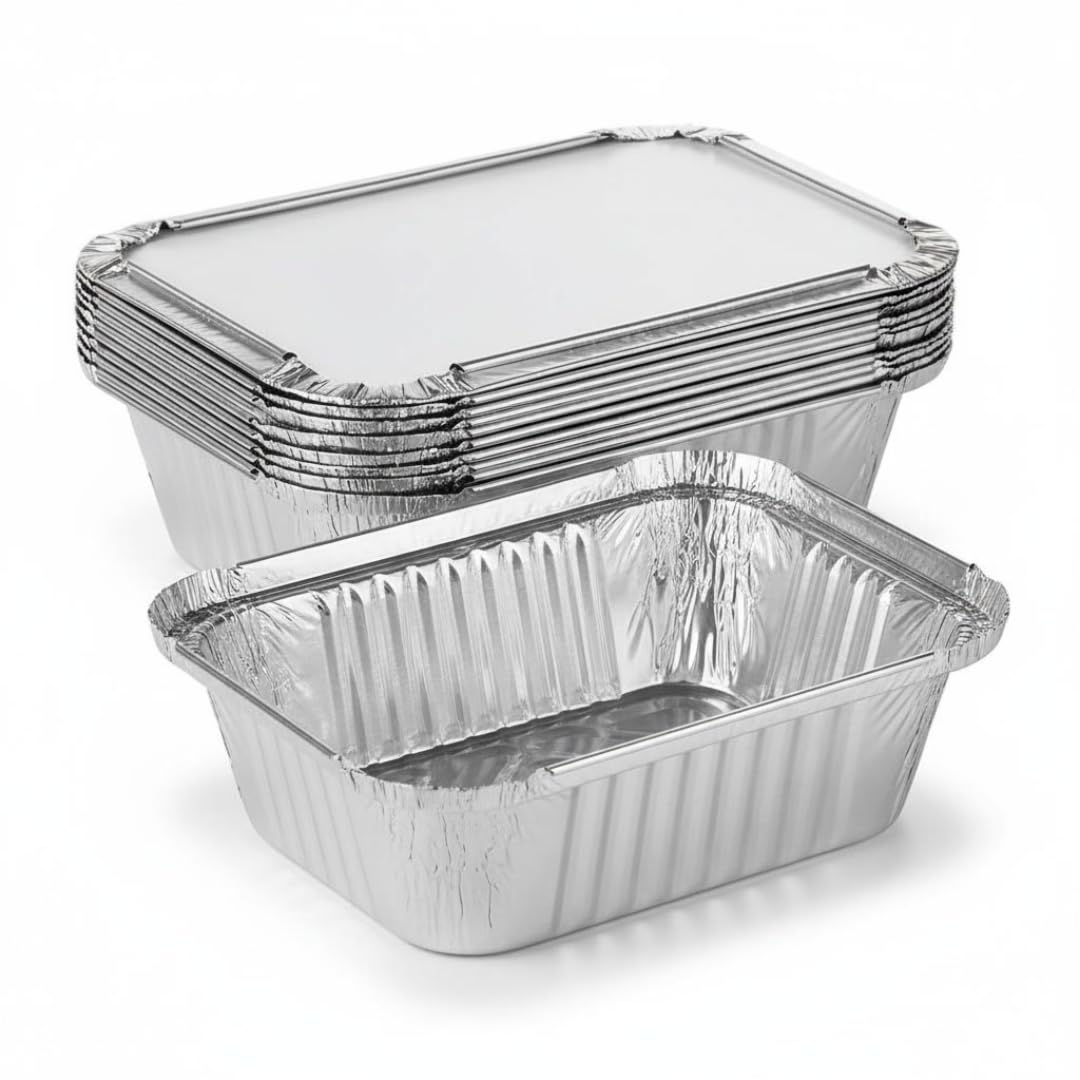 Aluminium Foil Food Trays No.2 with Lids – Disposable Takeaway Containers for Meal Prep, Baking, Roasting & Food Storage – Strong, Leak Resistant, Freezer & Oven Safe (50)