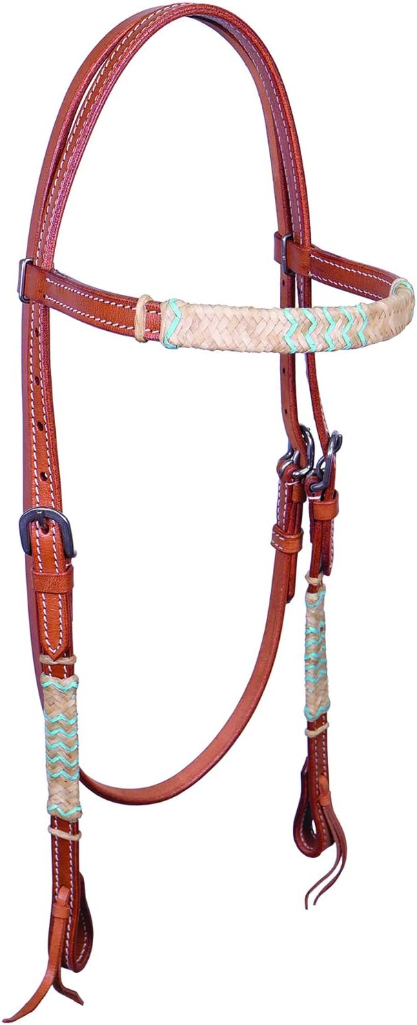 Buffalo Leather Light Oil Headstall with Turquoise Rawhide Accents
