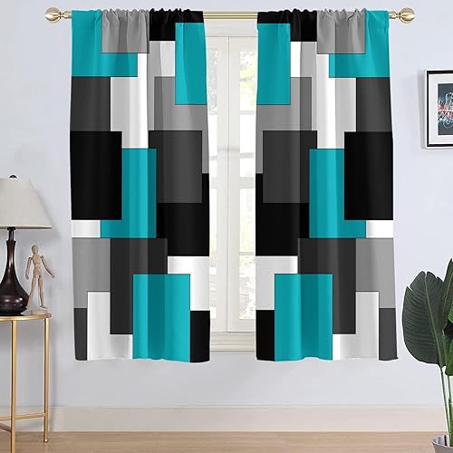 AAtter Cortina de Ventana Verde Azulado y Negro Turquesa Aguamarina Gris Blanco Abstracto Moderno Oscuro Masculino Sala de Estar Dormitorio Cortinas