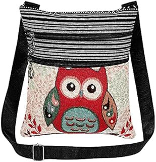 Tinksky Canvas Crossbody Bag Hobo Zipper Bag Shoulder Bag Messenger Bag Owl Printed Bohemian Satchel Women Shopping Pouch