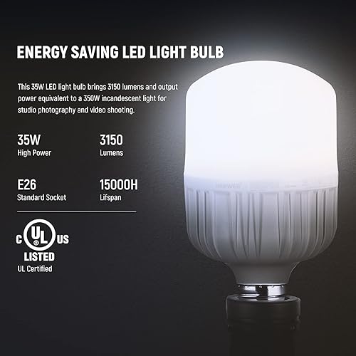 Miniatura 3 de NEEWER Bombillas LED E26 de 35 W, 2 paquetes, 3150 lúmenes5700 KCRI 93+15000 h de vida útil, iluminación brillante para fotografía de video,