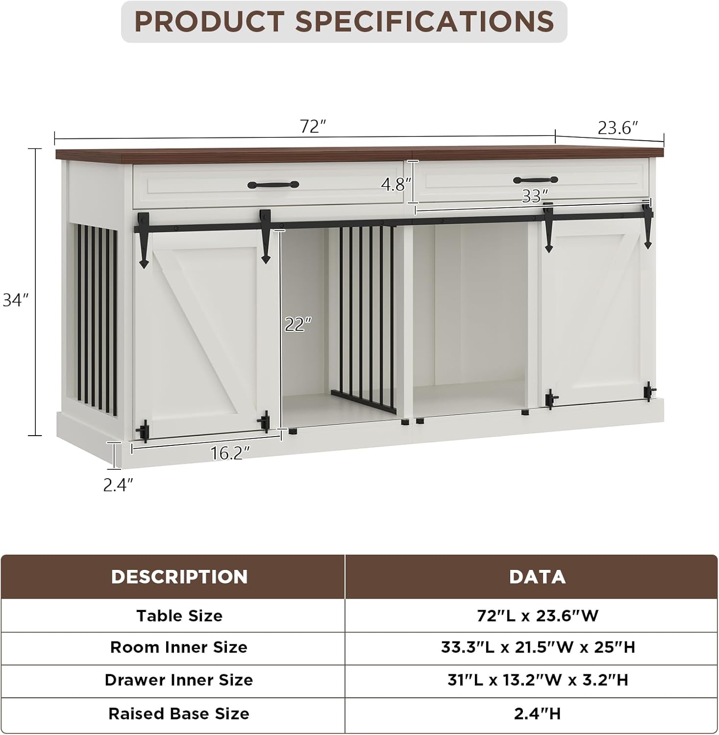 Detailed product dimensions and data table for the dog crate