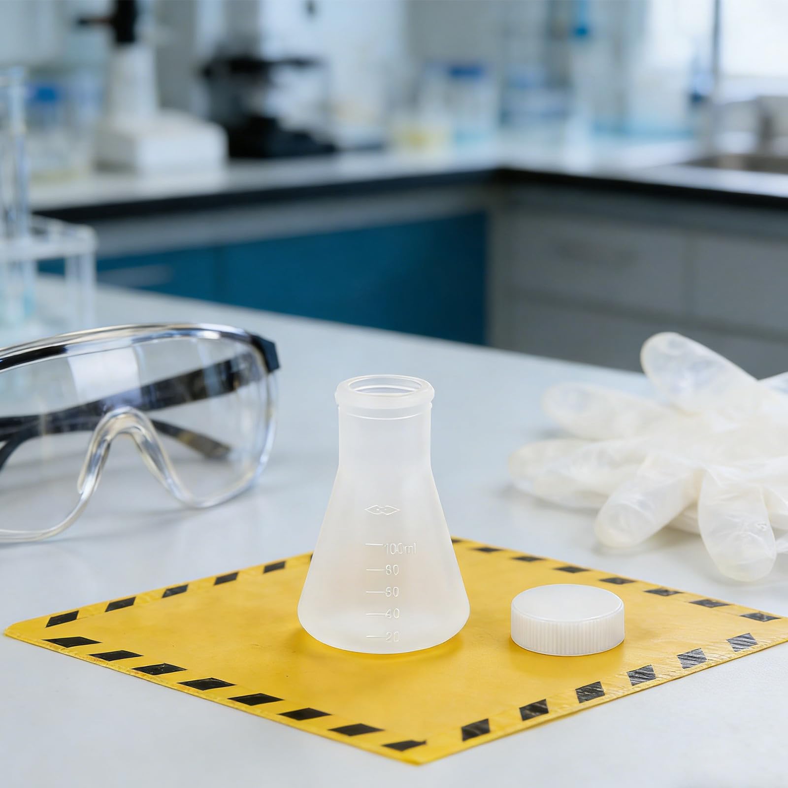 20 Matraces Erlenmeyer de Plástico Blanco de 100ml con Tapa | Diseño Cónico Hermético, Uso Repetido, para Investigación y Entornos Biológicos