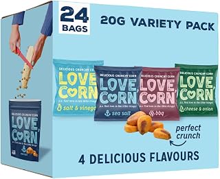 LOVE CORN Variety Pack (6x Sea Salt, 6x BBQ, 6x Salt & Vinegar, 6x Cheese & Onion 20g) – Healthy Snacks Ideal for Gluten Free & Vegan Diets – Low Sugar Alternative for Crisps, Mixed Nuts & Pretzels