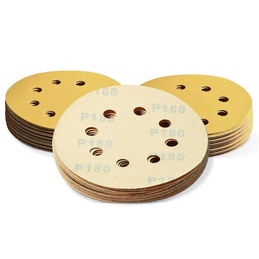 SPEEDWOX 50 Pcs 5 Inches 8 Hole Sanding Discs 180 Grit Dustless Hook and Loop Sandpaper for Random Orbital Sander Yellow Finishing Discs for