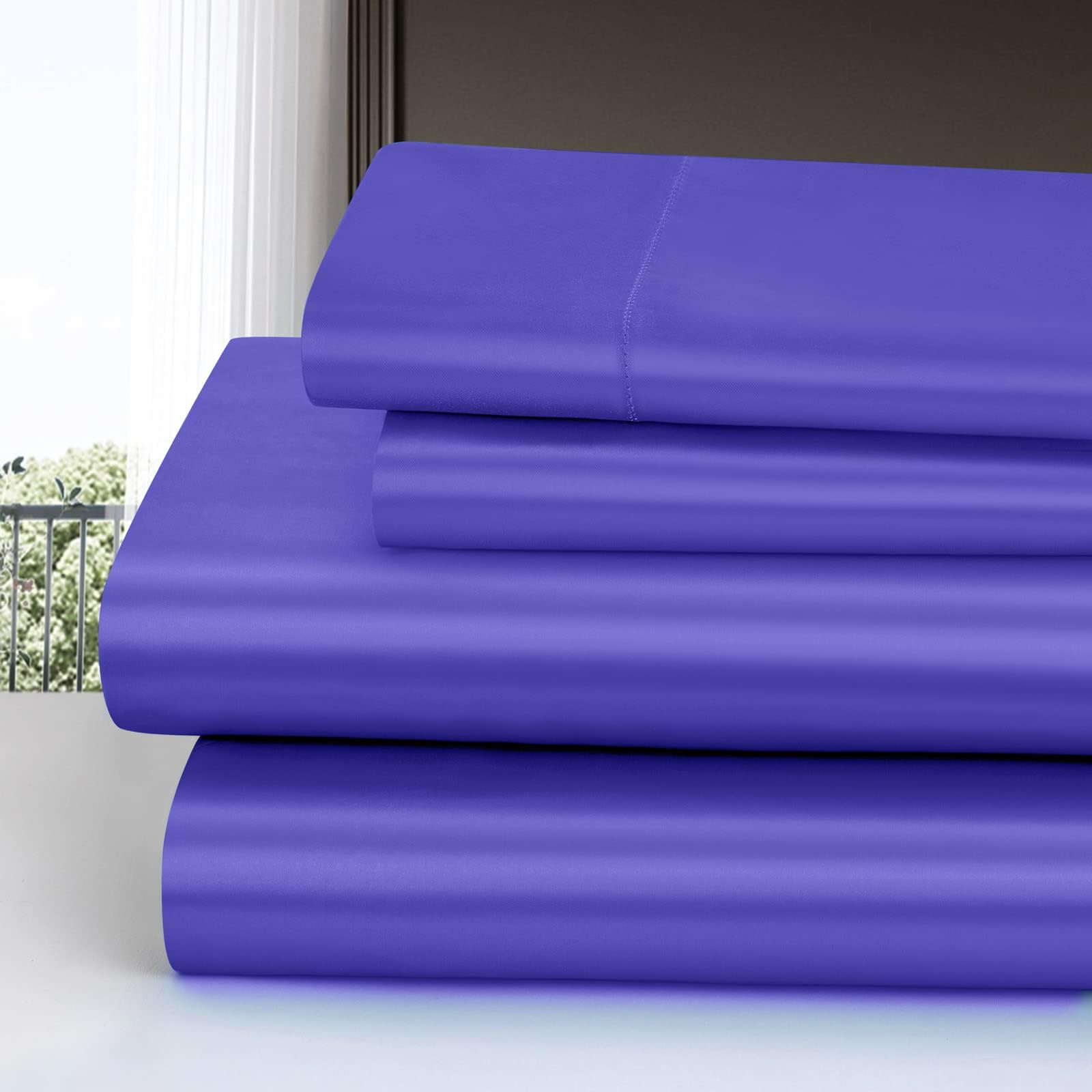 Homiest 4pcs Satin Sheets Set Luxury Silky Satin Bedding Set with Deep Pocket, 1 Fitted Sheet + 1 Flat Sheet + 2 Pillowcases (King Size, Periwinkle Blue)