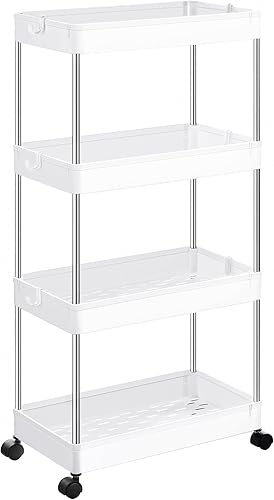 SONGMICS Carrito de almacenamiento delgado, carrito rodante de 4 niveles, carrito utilitario estrecho sobre ruedas, 6 ganchos, ruedas giratorias de