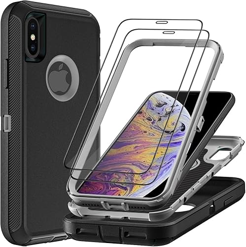 Funda para iPhone X/iPhone Xs con 2 protectores de pantalla de vidrio templado, grado militar 3 en 1, resistente a prueba de golpes, a prueba de