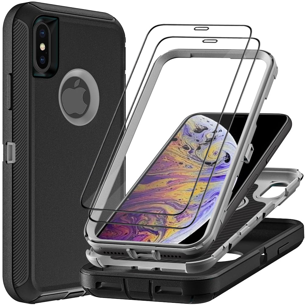 TFDSEUGH for iPhone X Case/iPhone Xs Case with 2Pcs Tempered Glass Screen Protector, Military Grade 3 in 1 Heavy Duty Shockproof/Drop Proof/Dust Proof