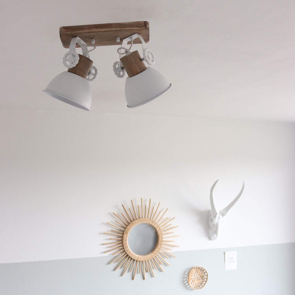 Steinhauer Lampada da soffitto 2 Spot 7969W Lampada da parete Vintage E27 Rustico Legno Metallo Spot Marrone Bianco