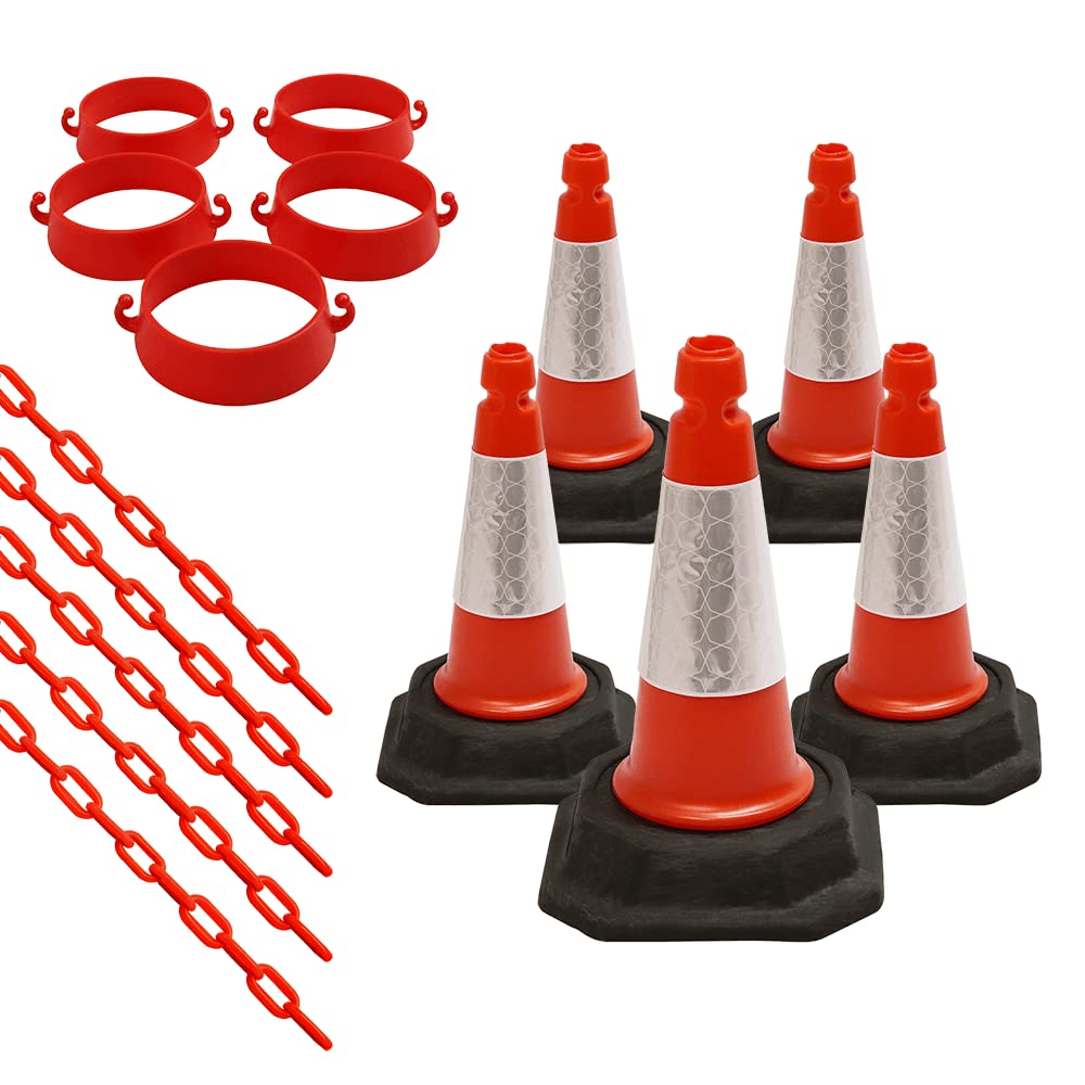 Street Solutions - Cone Chain Barrier Kit, 5 x 460mm Road Cones, 5 x Chain holders, 5 x Chains - Traffic Road Cone - Premium Quality Safety Cone - Strong and Durable Cone (Orange)