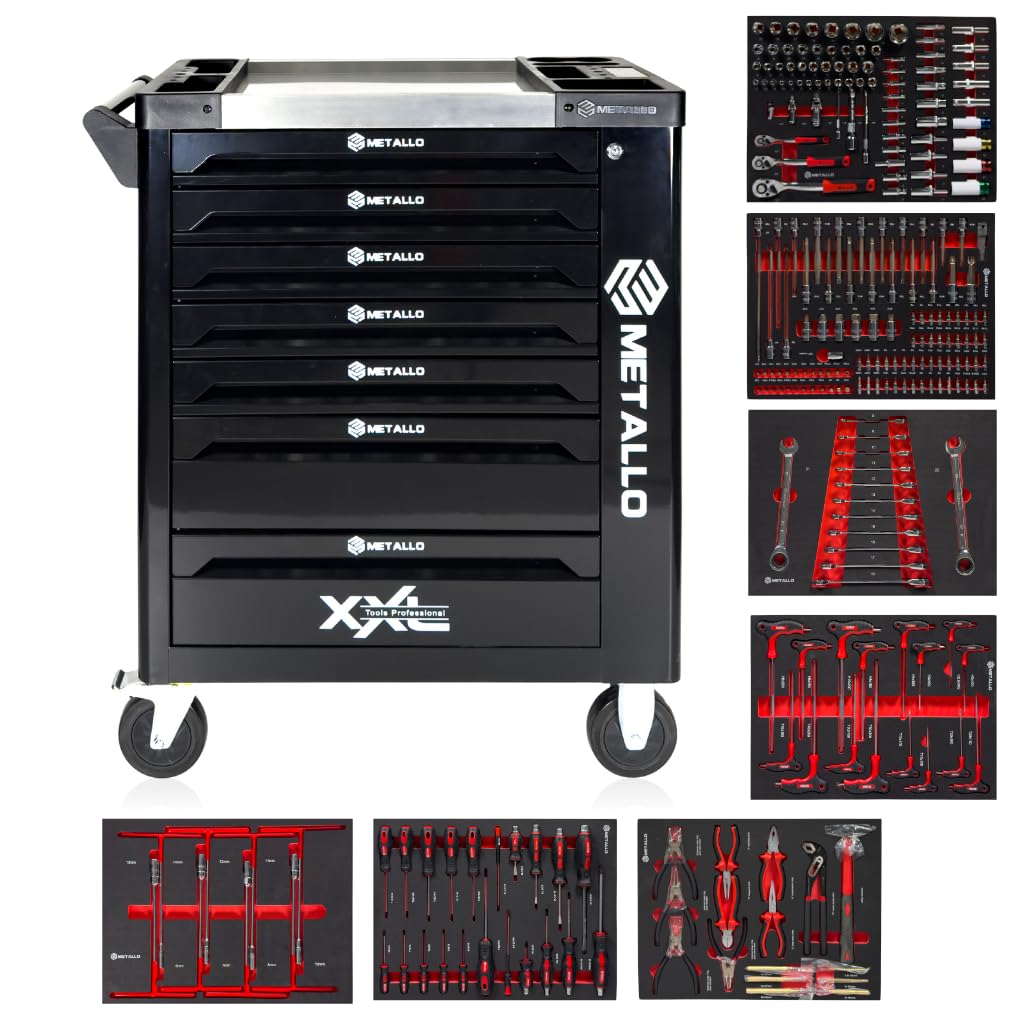Carrello da officina in metallo XXL, 7 cassetti, nero con set di attrezzi, carrello attrezzi professionale con ruote