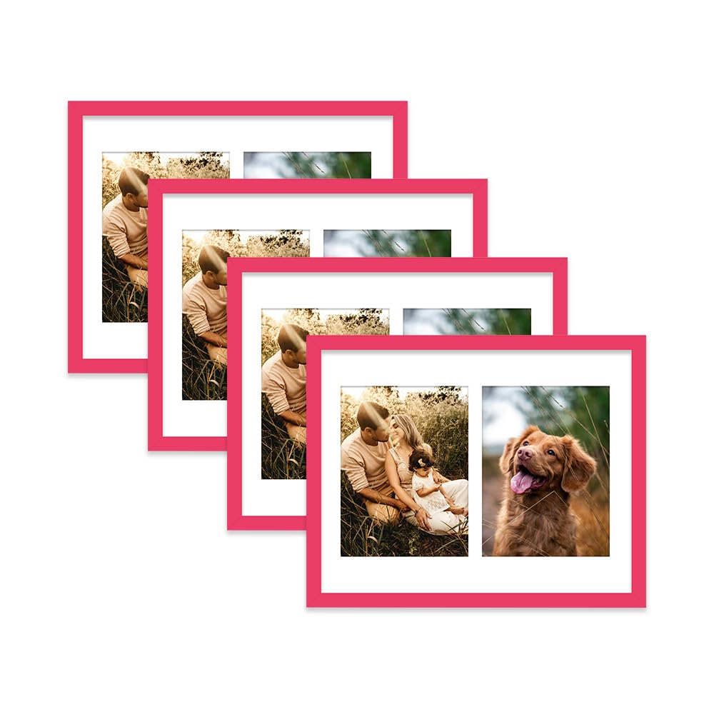 Bright Pink Multi Photo Frame - Holds 2 x 8x6 Pictures, Family Collage Picture Frame for Wall Display, 14x11 Frame size, Set of 4