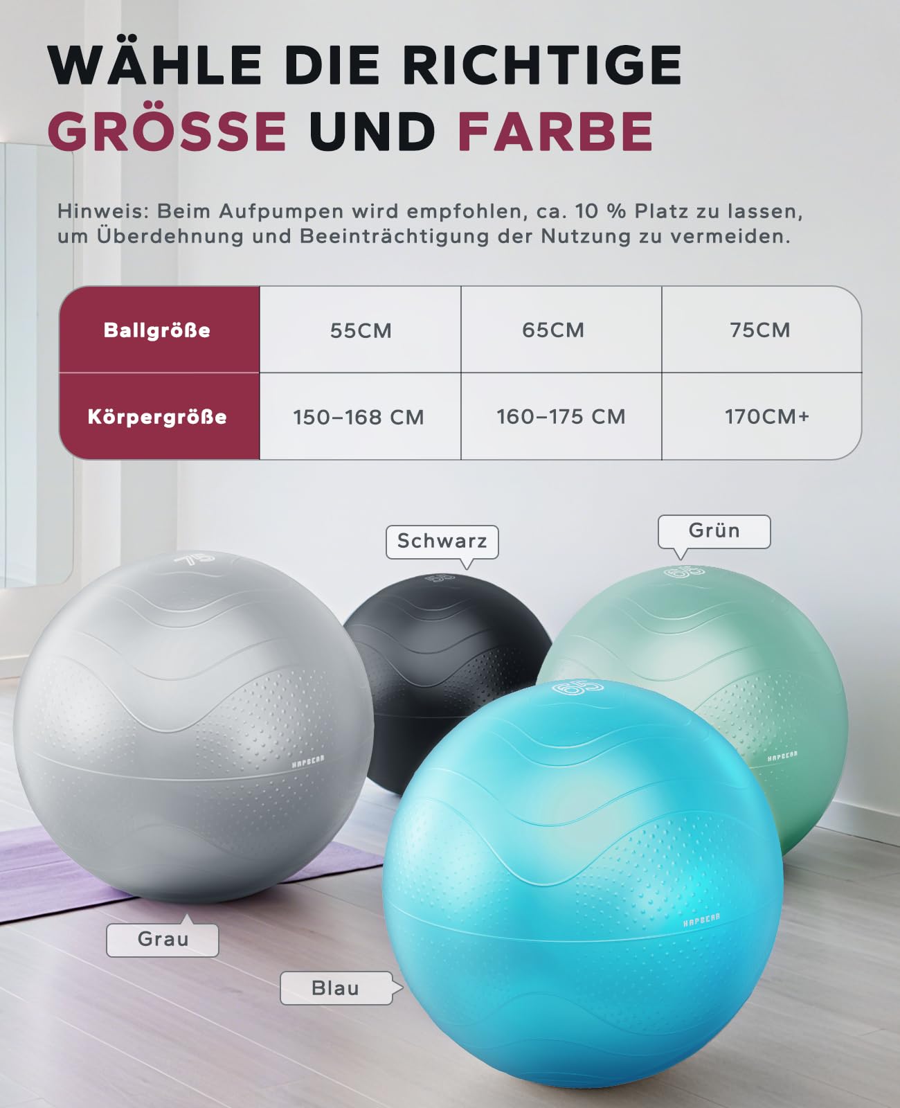 HAPBEAR Gymnastikball & Sitzball (55/65/75 cm) – Anti-Burst, rutschfest Mit Massage-Noppen, Extra Dickes PVC, Bis 200 Kg – Komplettset Mit Fußpumpe & 3 Widerstandsbändern für Fitness, Büro & Yoga