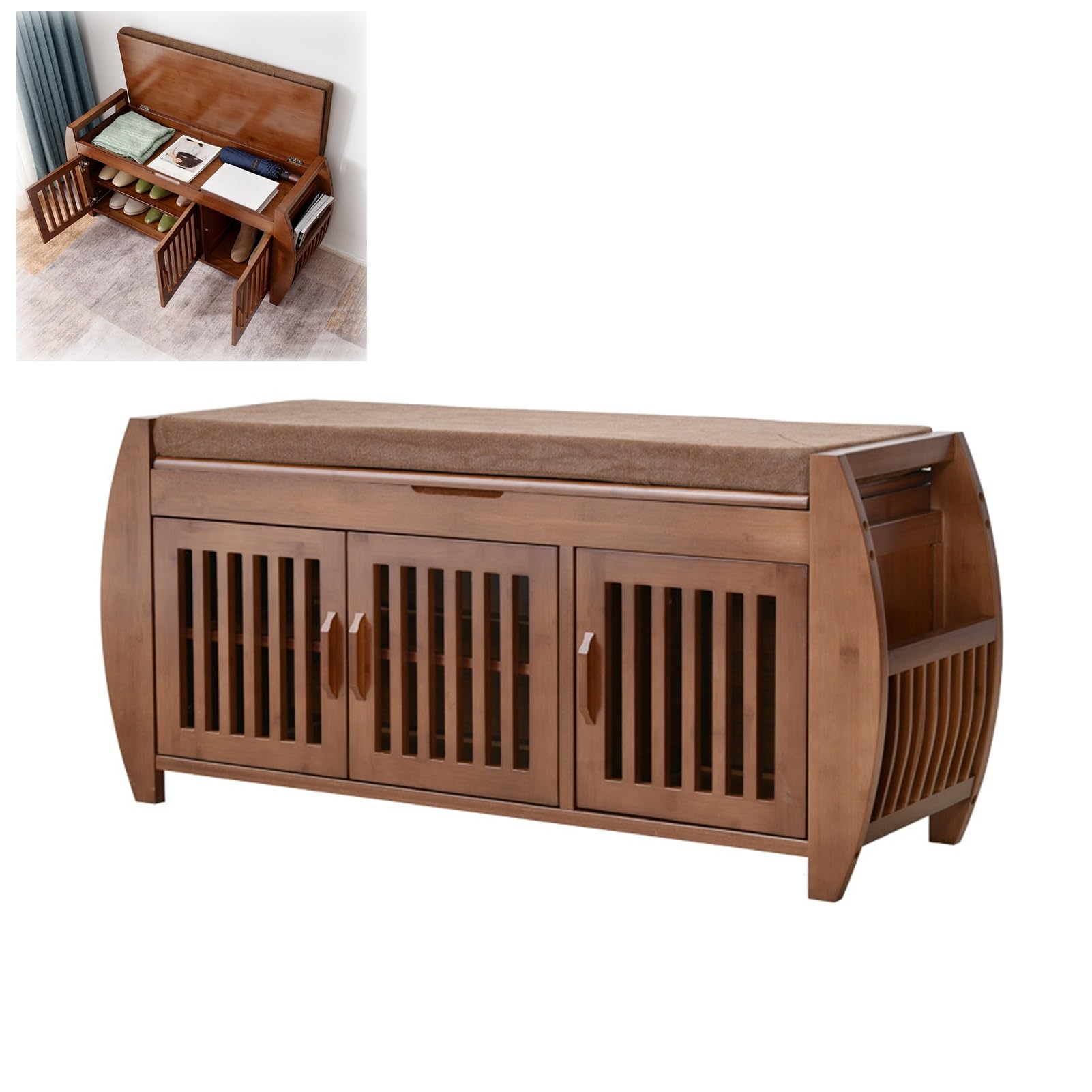 Banc de rangement à chaussures bambou meuble entrée gain de place avec portes 102 cm