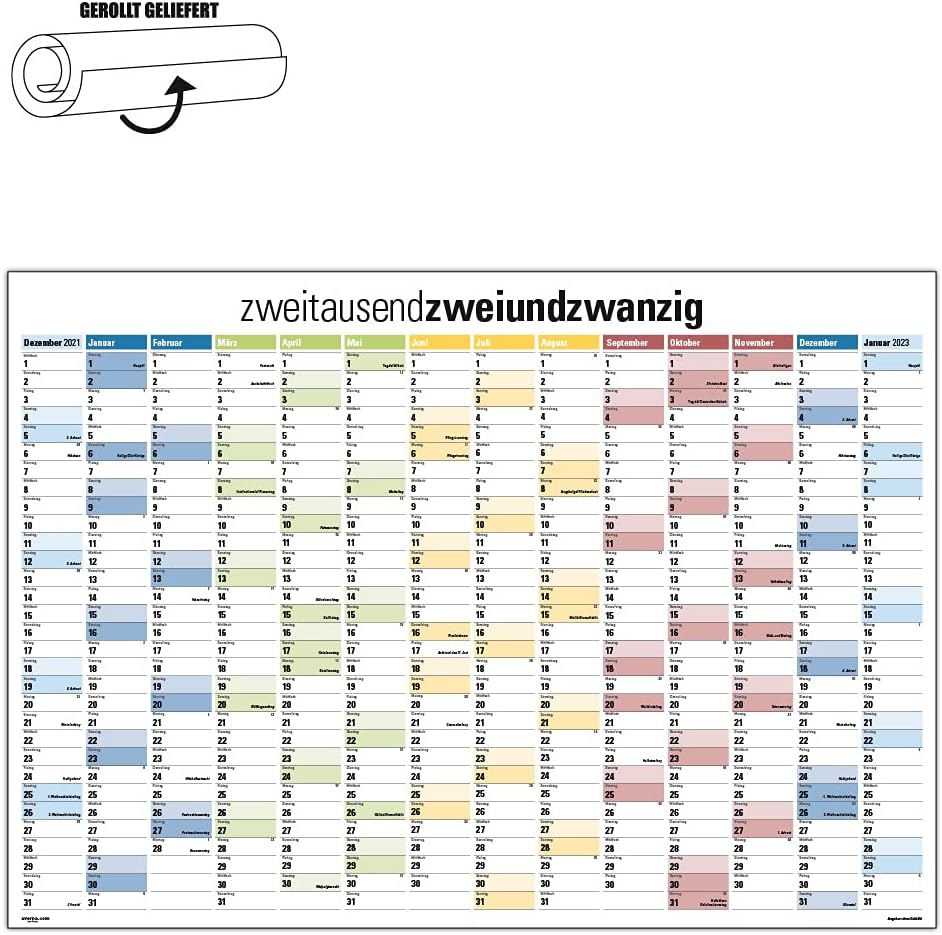 DIN A1 Jahresplaner Wandplaner Wandkalender 2022 14 Monate gerollt
