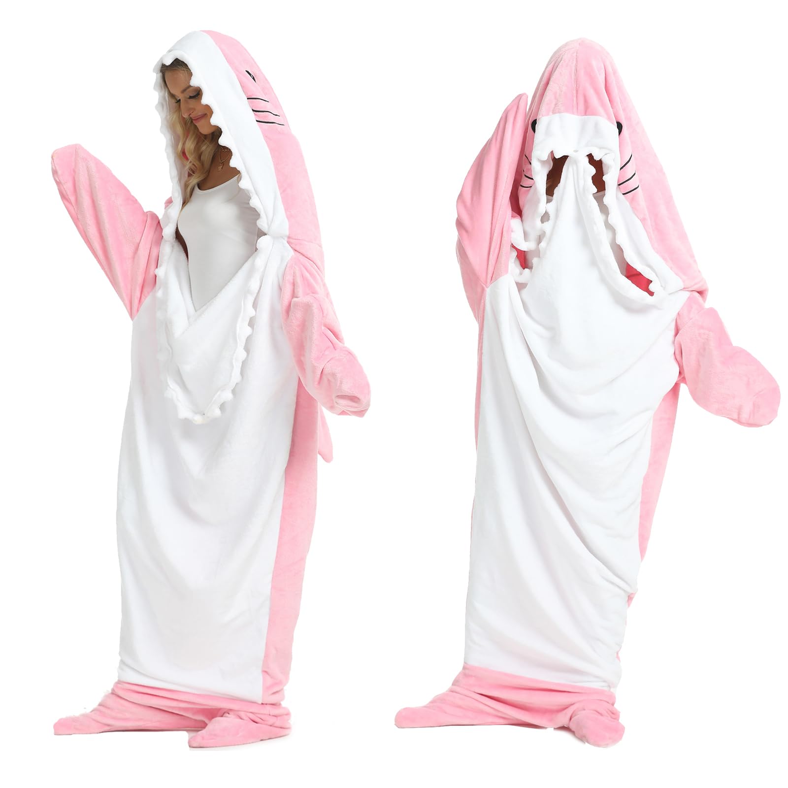 Shark Blanket for Adult & Kids - Cozy and Warm Wearable Shark Blanket Hoodie Onesie - Cute and Funny Cartoon Shark One-Piece Blanket Flannel Hoodie, Pink (S)