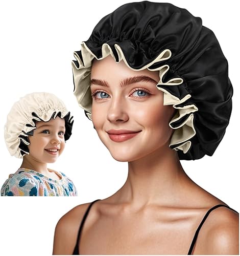 Gorro de satén para dormir mujeres y niños, gorro de seda de doble capa para niñas y niños, gorra de noche de cabello rizado
