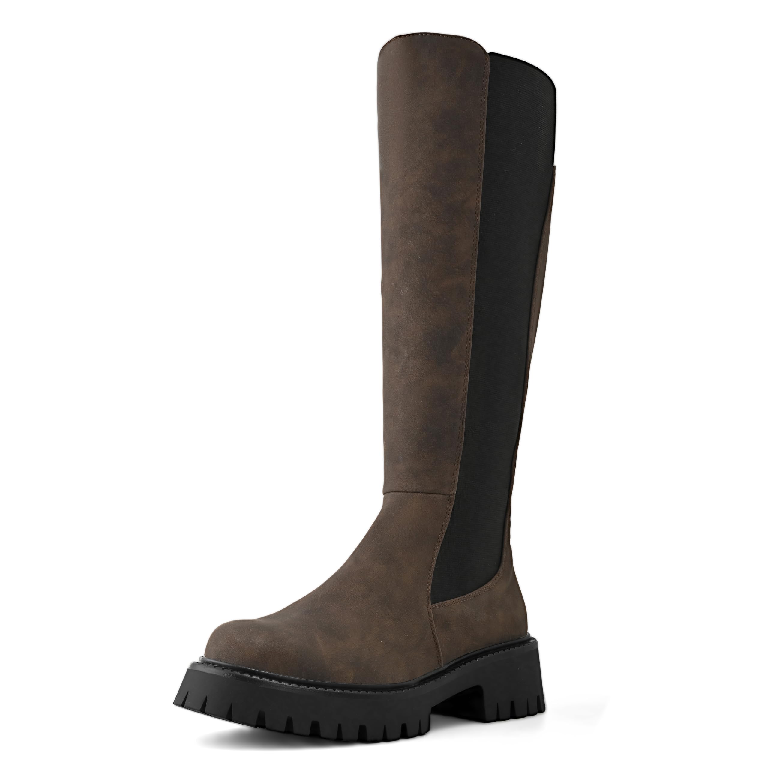 Womens Knee High Boots Platform Stretch Lug Sole Riding Boots Round Toe Elastic Comfortable Fashion Dress Boots with