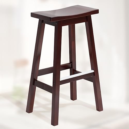 Miniatura 5 de Juego de 2 taburetes de bar de madera maciza con placas de pie de metal, 30 pulgadas de altura, modernos taburetes de mostrador sin espalda para