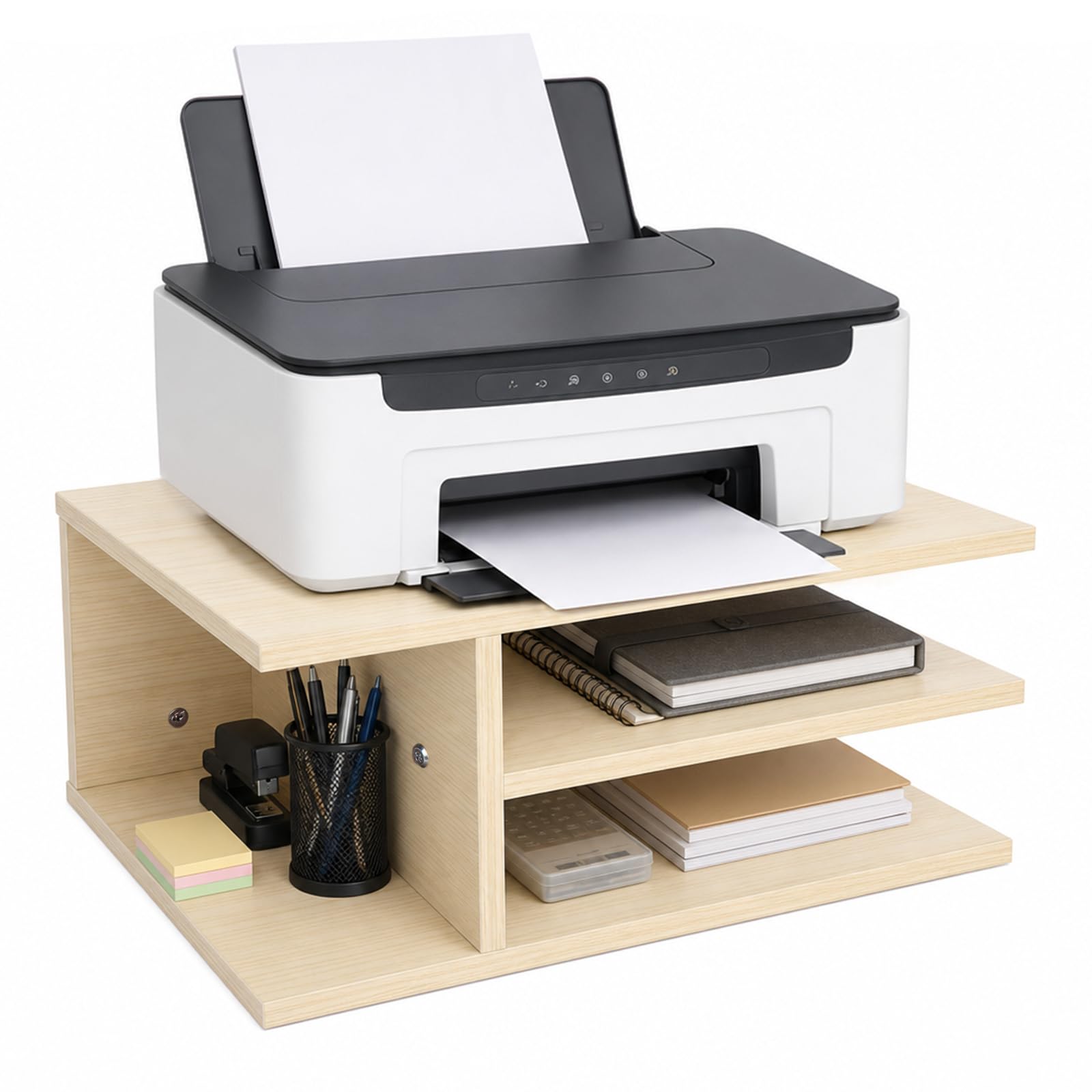 Supporto per stampante da scrivania, organizer a 3 scomparti per stampanti e forniture per ufficio, salvaspazio e stabile, per home office e piccoli spazi, 40 x 30 x 17 cm, effetto legno