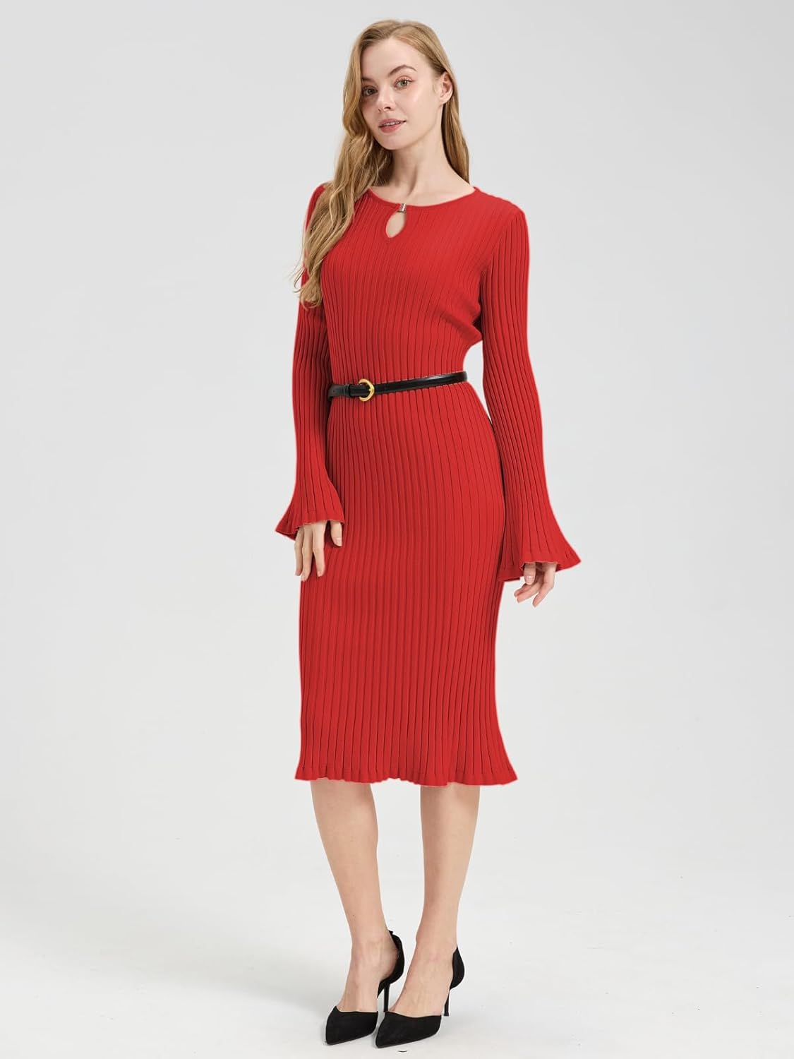 Womens Long Sleeve Midi Dress Ruffle Fitted Casual Work Dress Spring Fall Knit Sweater Dresses for Women - Image 2