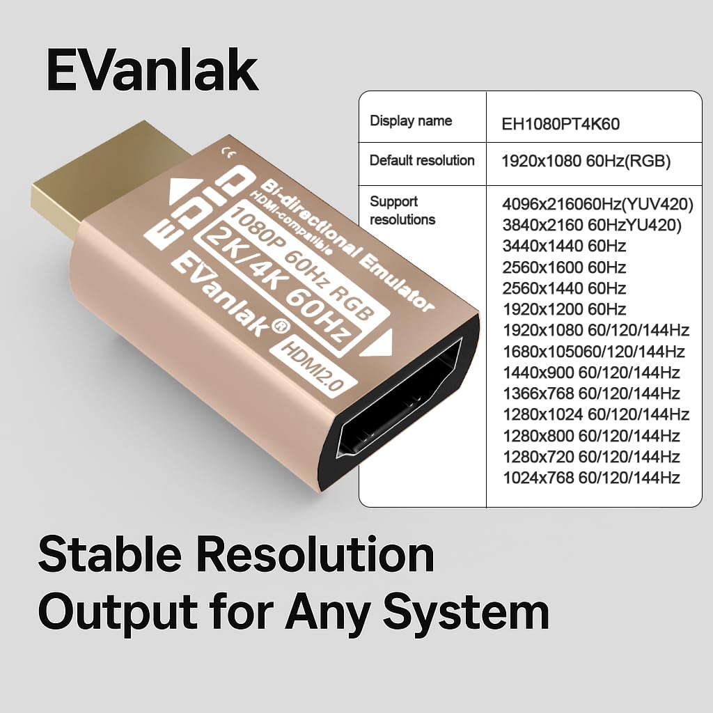 EVanlak Adaptador de emulador HDMI EDID, enchufe simulado, pantalla virtual sin cabeza, paso HDMI 1080P @60Hz a 4K @60Hz, bidireccional, dorado -1P