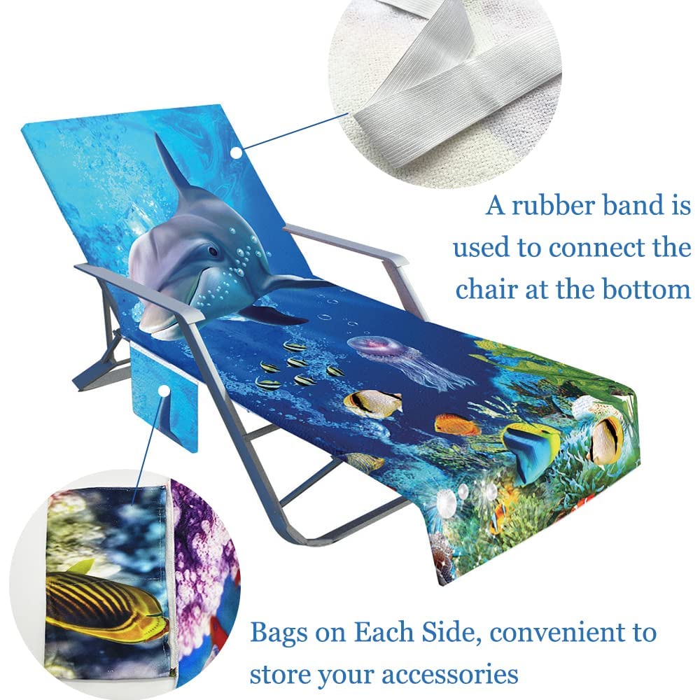 Ręcznik na leżak z nadrukiem delfina 3D z kieszeniami, pokrowiec na krzesło plażowe na zewnątrz, basen, ogród, letnie wakacje (ocean, 75 x 210 cm)