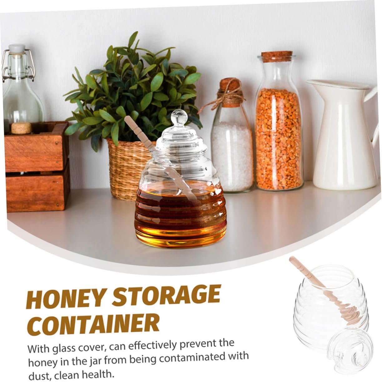 MAGICLULU 1set Lidded Honey Holder Jar Stirring Rod Glass Honey Pot Canister for Kitchen Storage Includes Large Jar Dippers