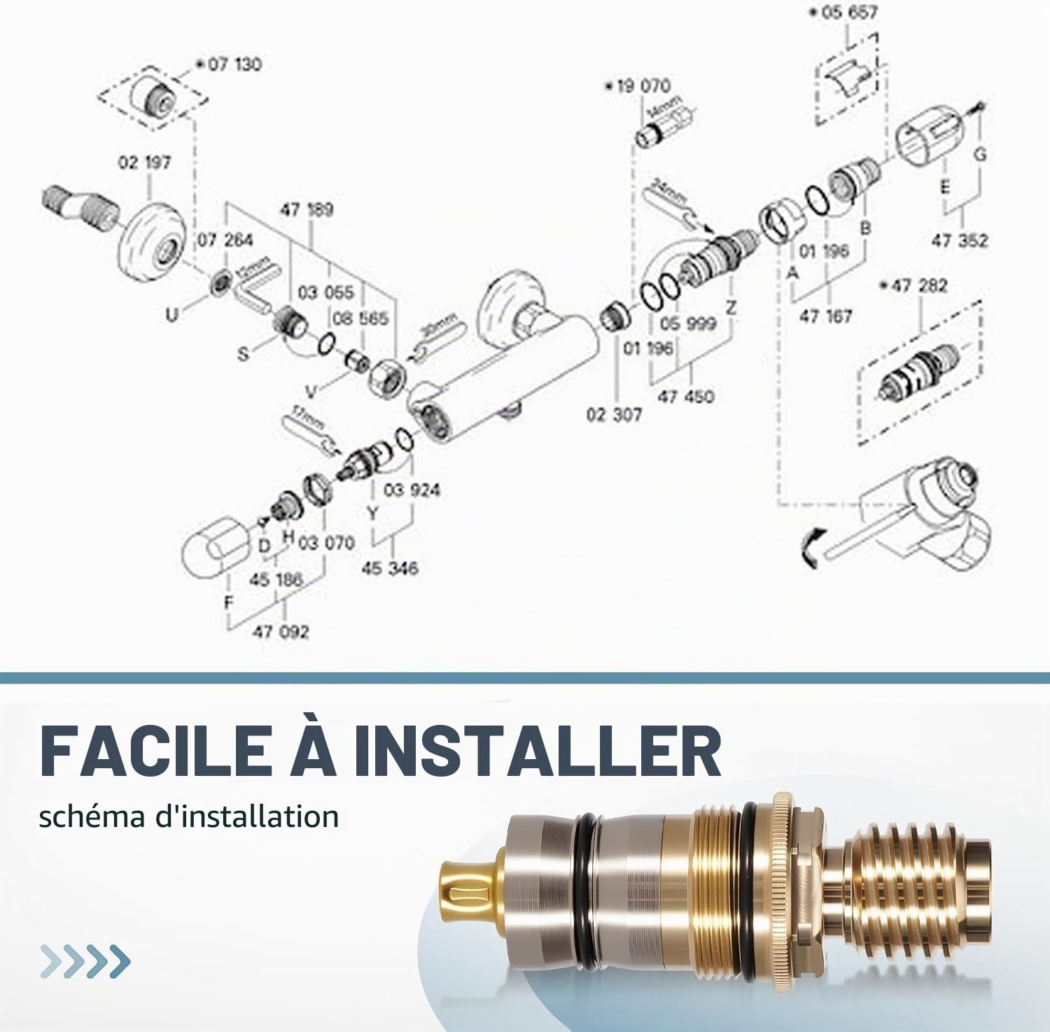 GR-47450000 Cartouche thermostatique 1/2" en laiton et acier inoxydable - Compatible Grohtherm 1000/3000 et Automatic 2000 - Pièce de rechange 47450000