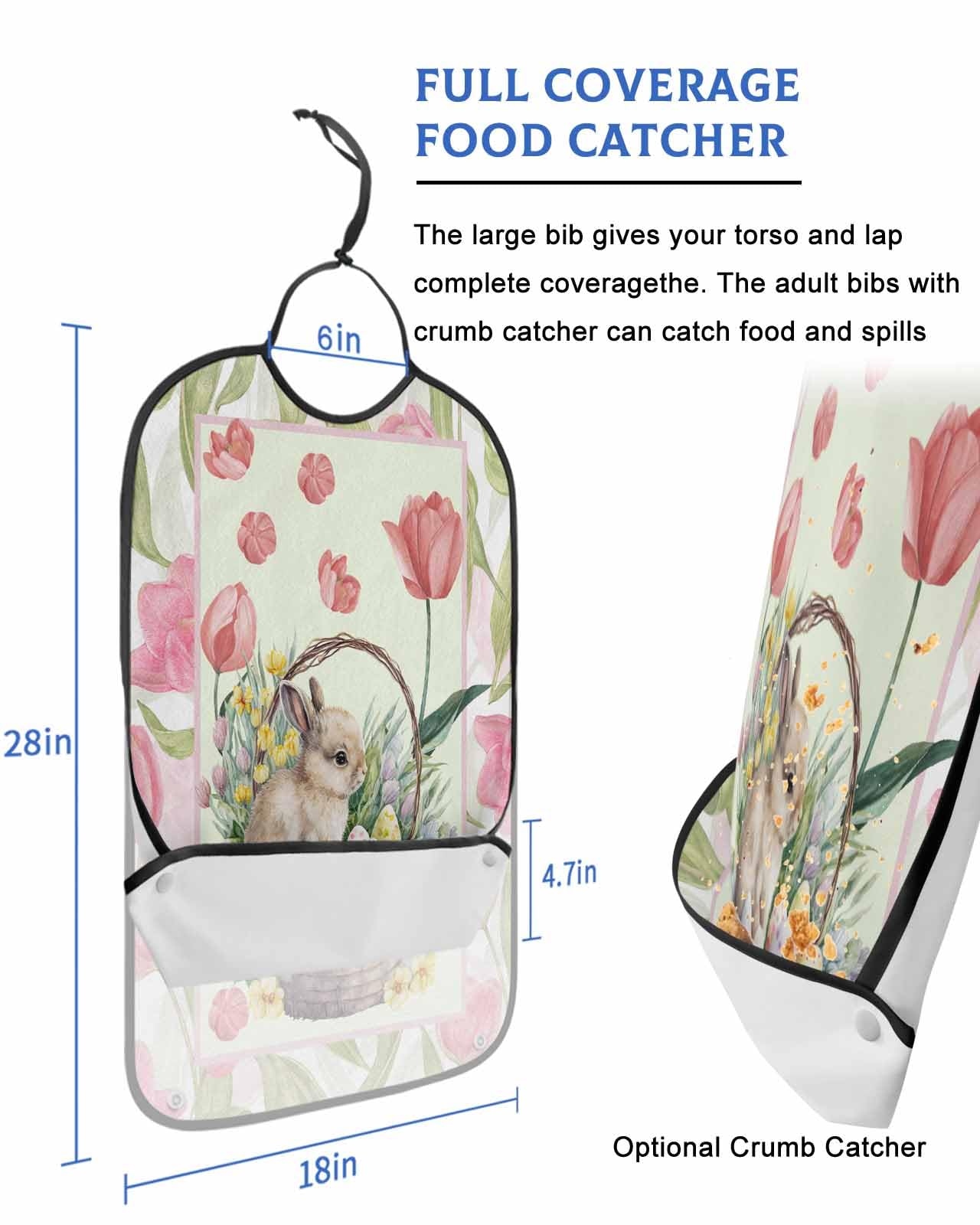 LEOKOTI Easter Bunny Adult Bibs for Eating, Waterproof Bibs with Food Catcher & Adjustable Snap Closure, Spring Floral Red Tulip Eggs Basket Washable Clothing Protectors Adult Bibs for Elderly