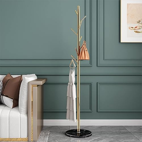 Miniatura 3 de Jolitac Perchero de metal con acabado de acero satinado dorado, base estable de mármol, alta calidad con ganchos, sombrero de árbol de metal y