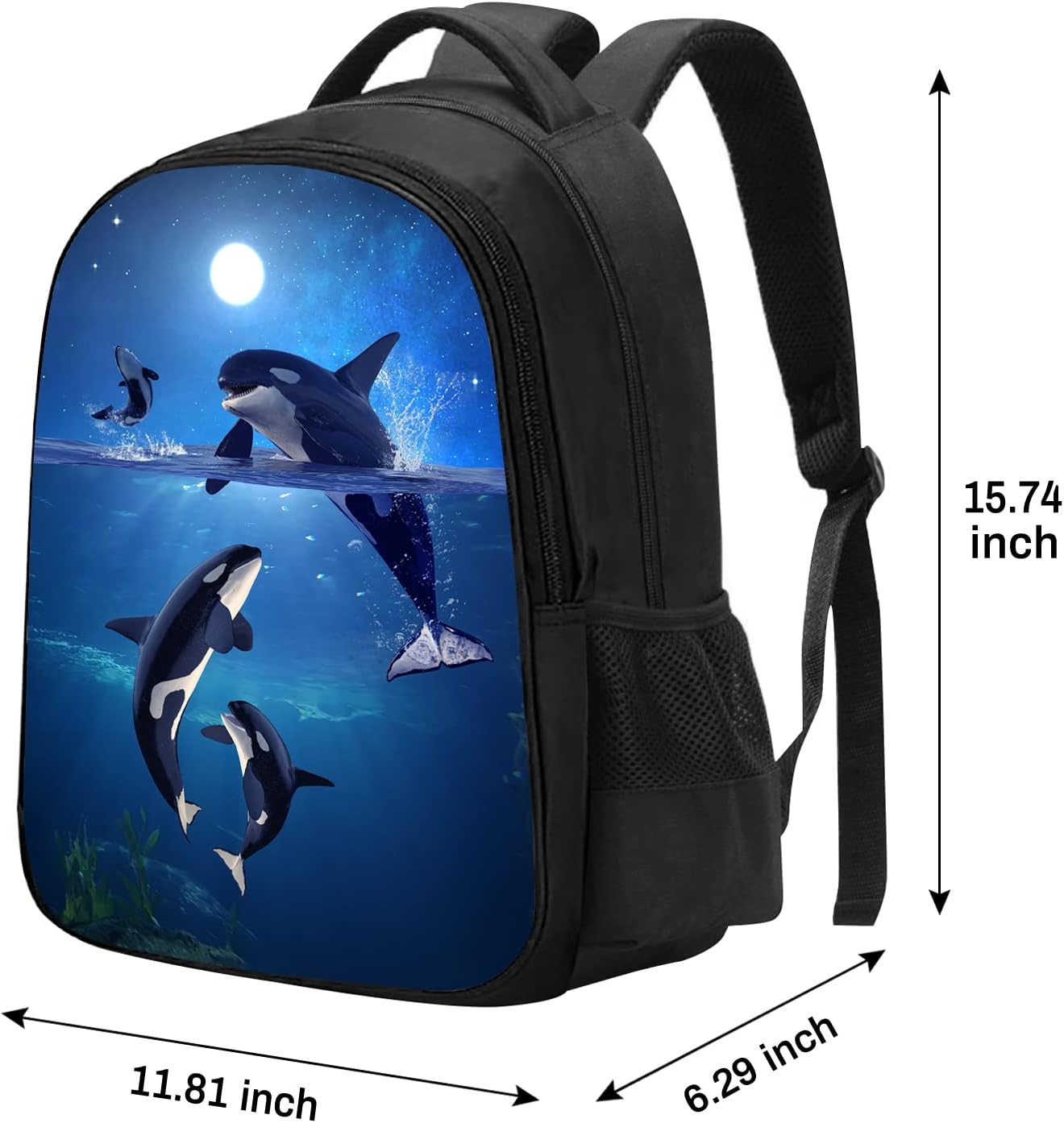 SARA NELL Kids Whale Backpack Orcas Killer Whale in Galaxy Moon Light School Bookbag for Boys Girls, Kindergarten Elementary School Backpack, Premium Book Bag with 2 Main Compartment, 15.7 Inches