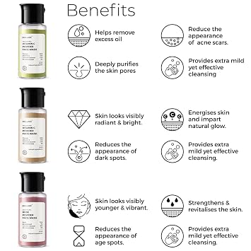 Brillare Powder face wash Combo, Neem, Vitamin C & Rose facewash, for Oily, Acne Prone, Pigmented, Ageing, Dry and Dull skin, 15 gram each