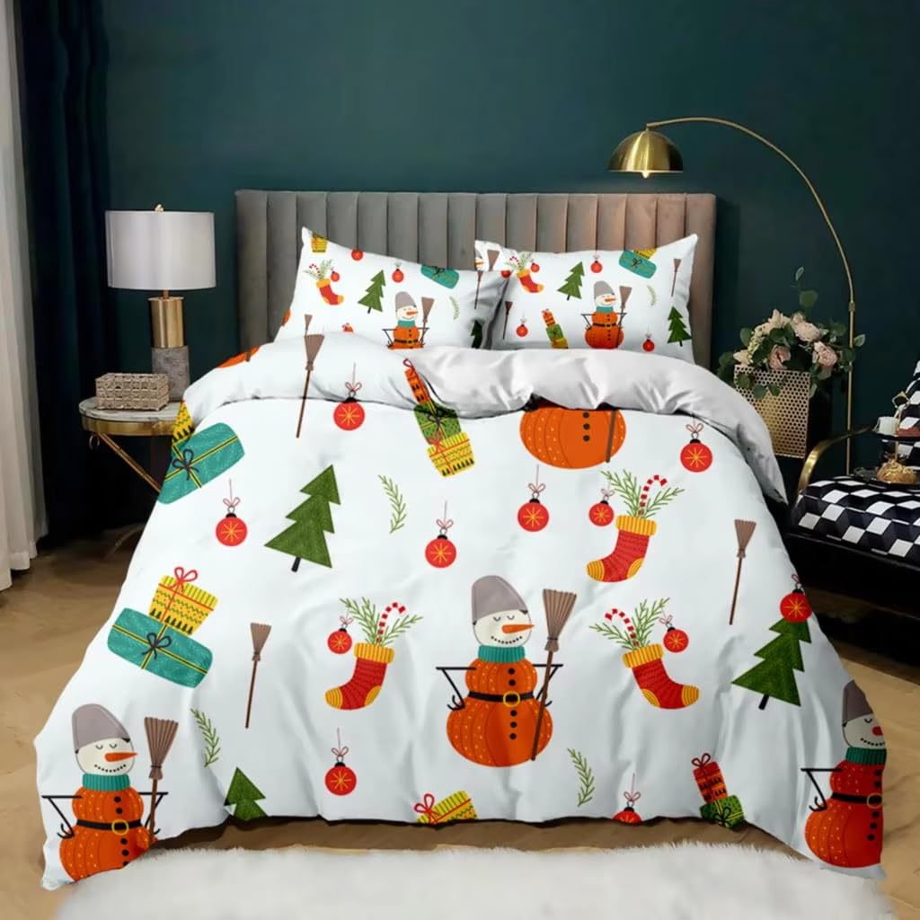 Housse de couette Noël pour enfants 240x220 parure lit blanche imprimée sapins
