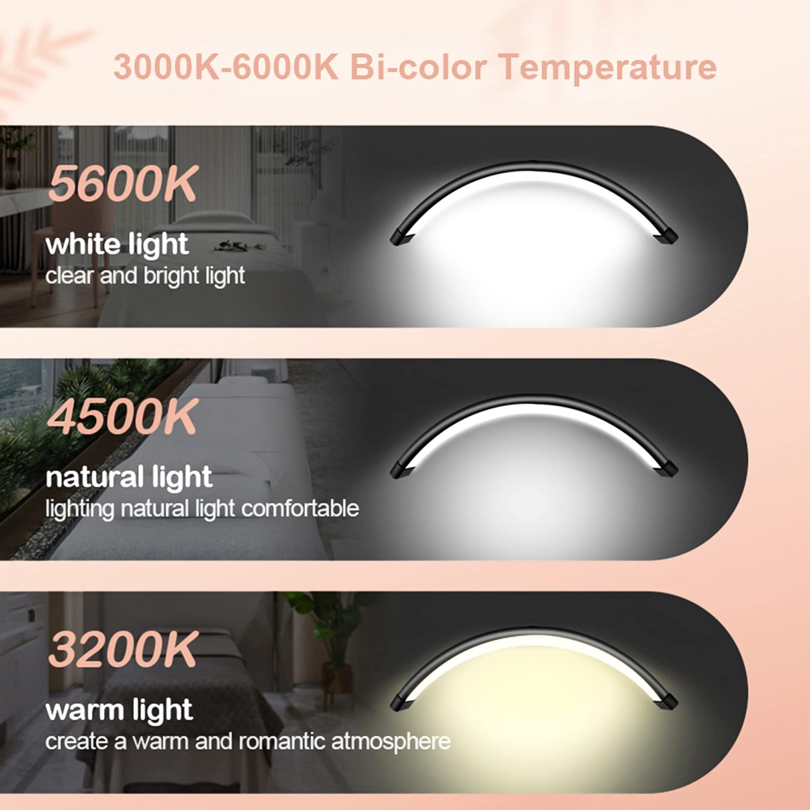 Andoer HD-M3X, luce LED, luce di riempimento mezzaluna, 3000-6000 K, dimmerabile, morsetto C, supporto metallico, per tatuaggi, ciglia, trucco live streaming