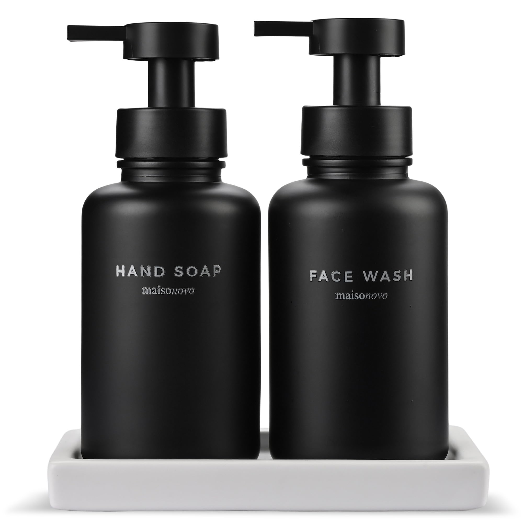 Maisonovo Black Bottles/Black Plastic Pumps/Ceramic Tray Glass Foaming Soap Dispenser - 400 Ml Black Glass Foaming Hand Wash Dispenser Black Pumps X 2 With White Waterproof Labels