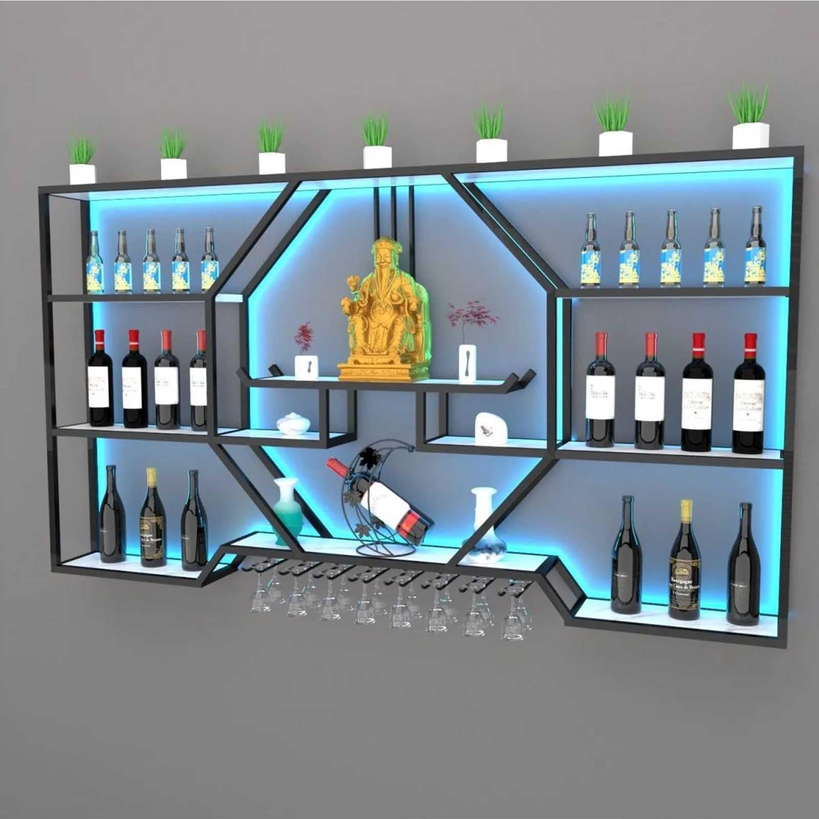 Botellero montado en la pared con luz LED y soporte de vidrio para exhibición y almacenamiento de bar